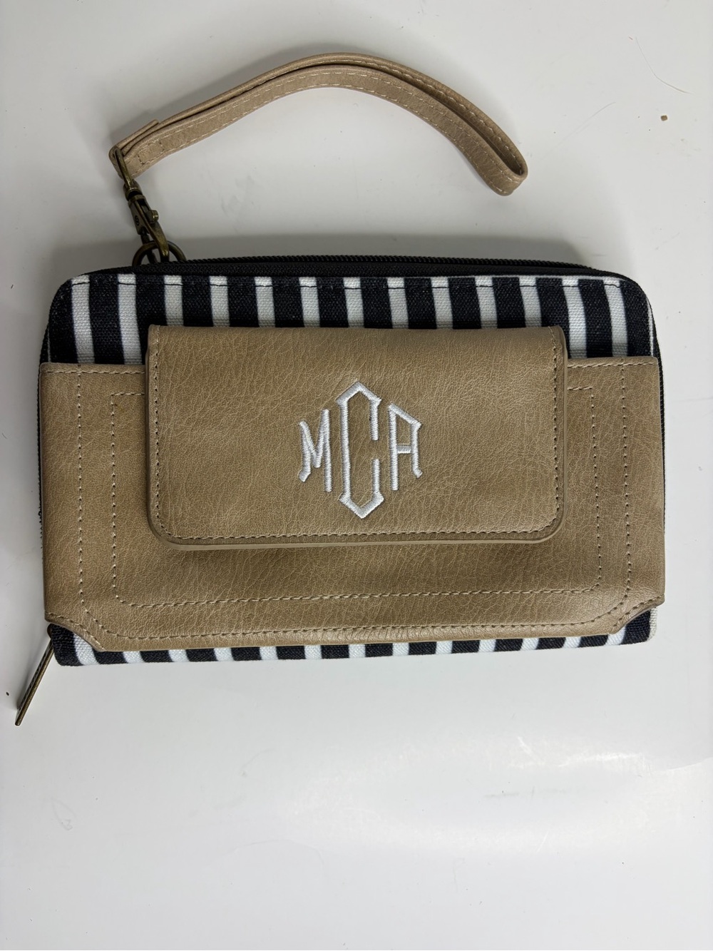 Marley Lilly Striped Black & Tan Wristlet Wallet with Front Pocket